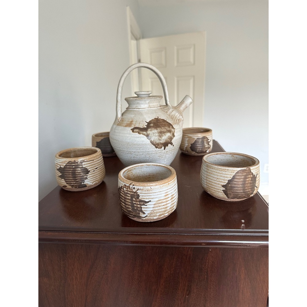 Handmade Studio Pottery Tea Set Teapot and 5 Cups Rustic Stoneware Wabi Sabi